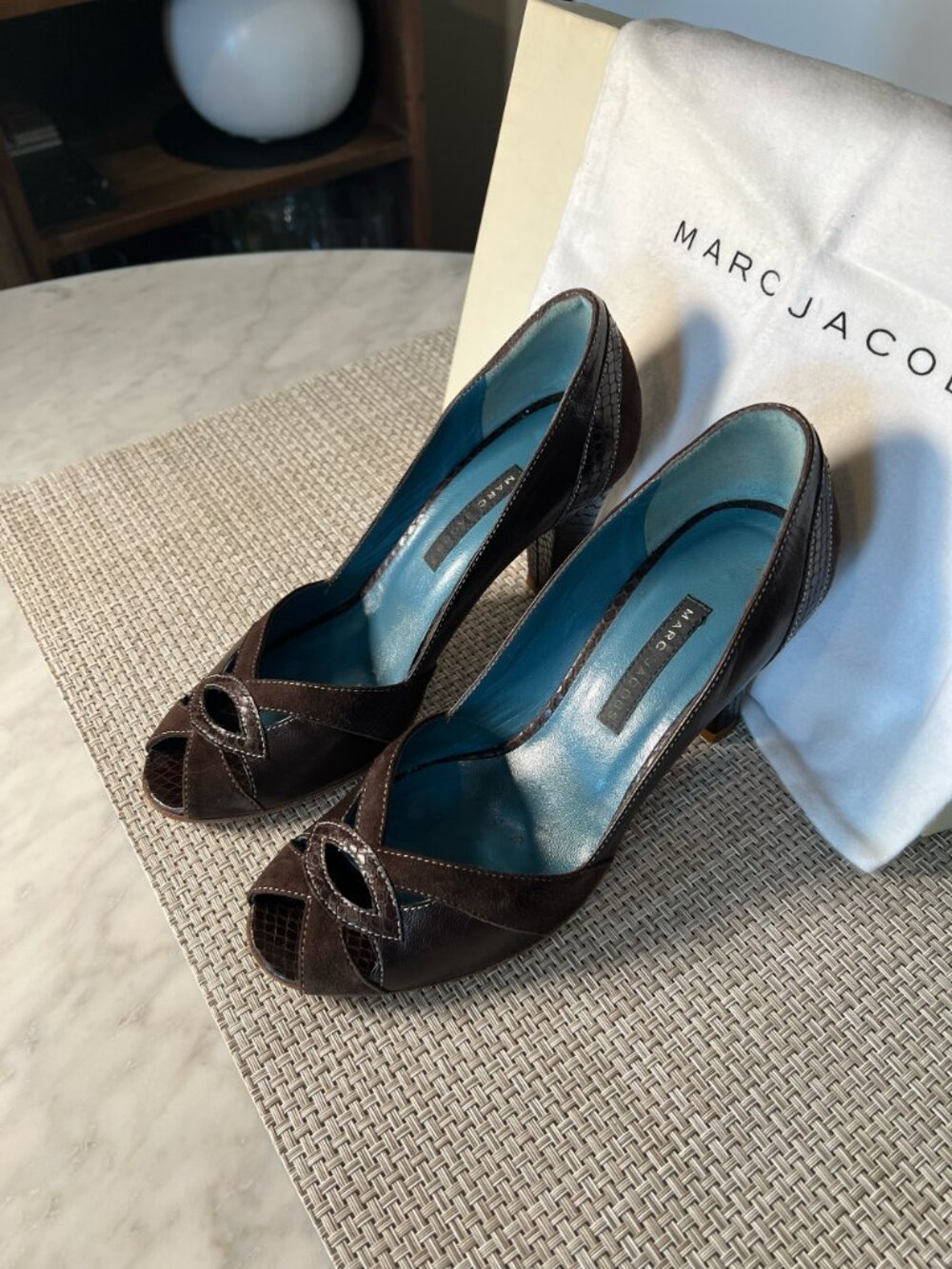 Marc Jacobs Brown Suede Leather Cutout Peep Toe Pumps